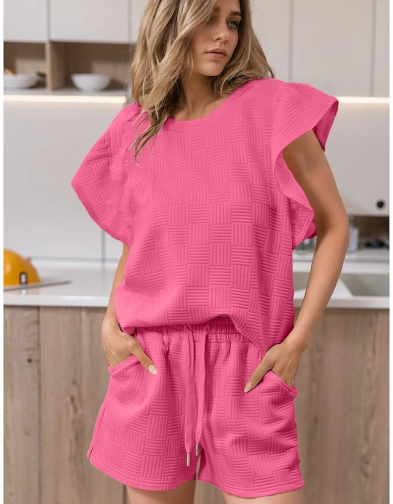 Bonbon Textured Ruffled Sleeve Tee and Drawstring Shorts Set