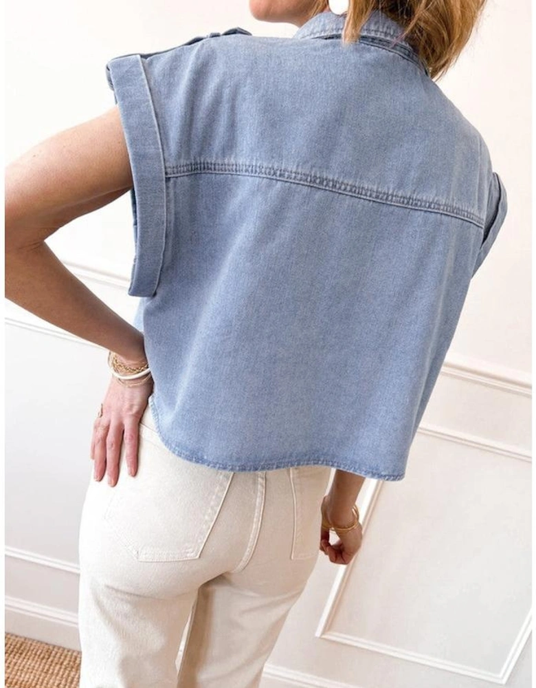 Dusk Blue Denim Pinup Folded Cap Sleeve Shirt