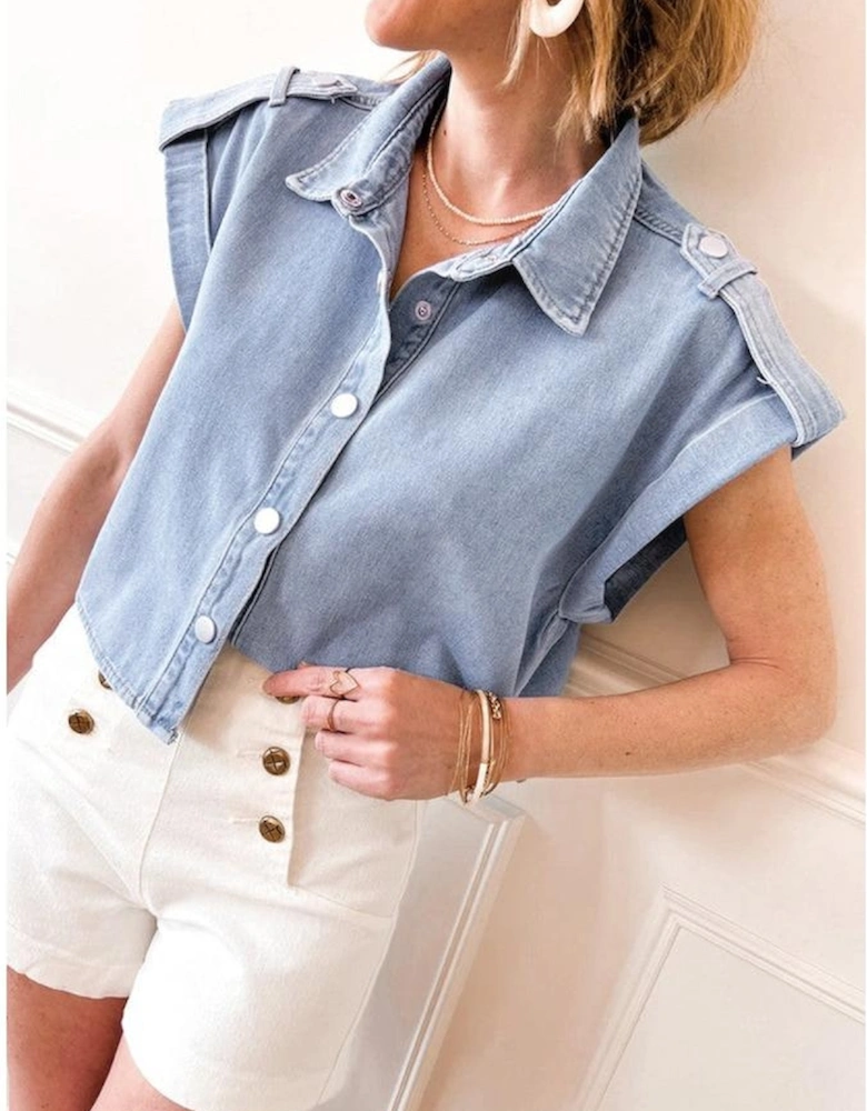 Dusk Blue Denim Pinup Folded Cap Sleeve Shirt