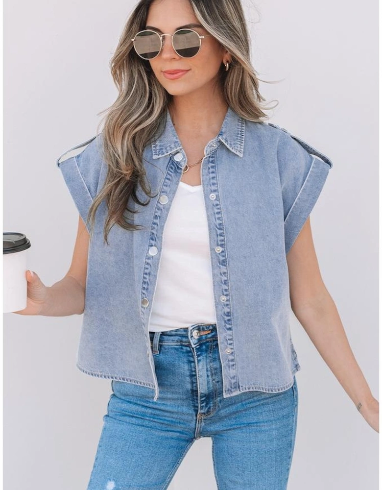 Dusk Blue Denim Pinup Folded Cap Sleeve Shirt