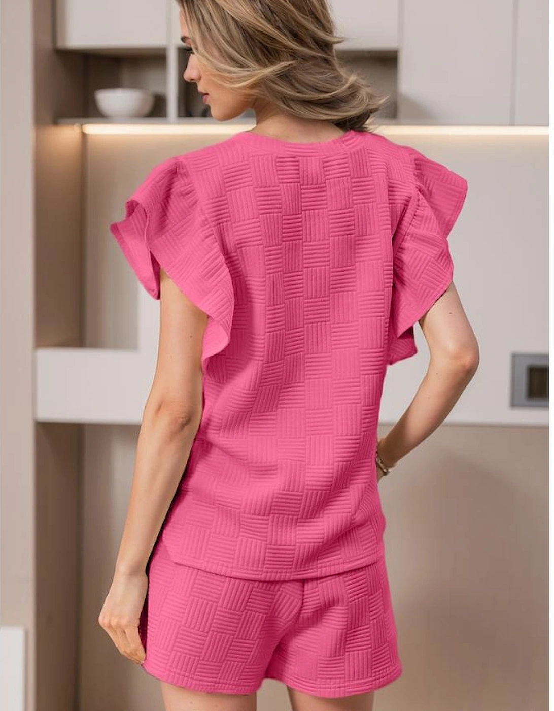 Bonbon Textured Ruffled Sleeve Tee and Drawstring Shorts Set