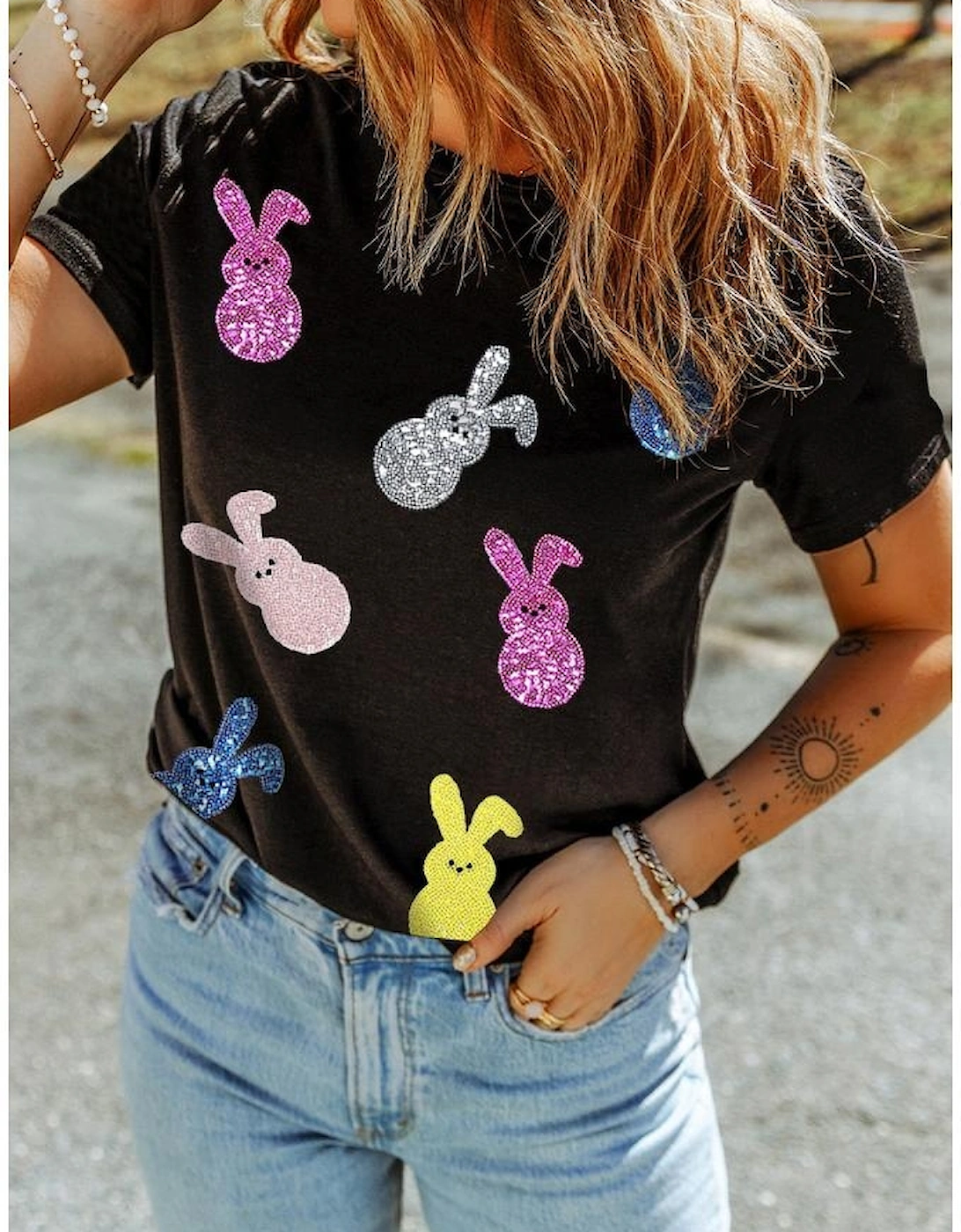 Black Sequin Bunny Doll Graphic Easter Day T Shirt