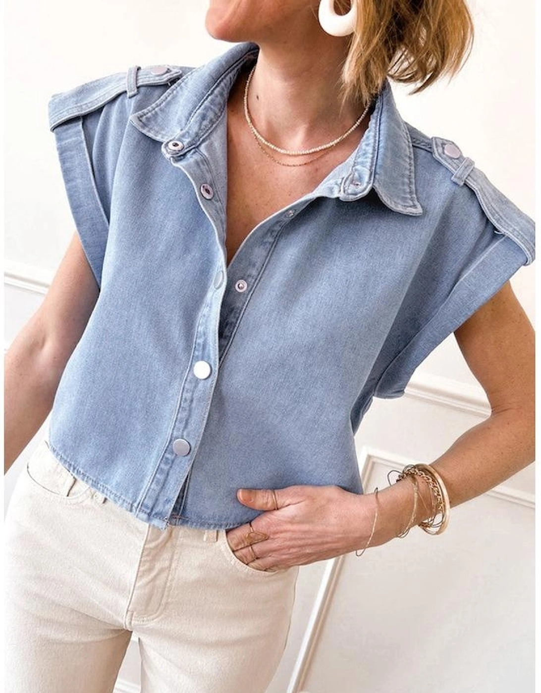 Dusk Blue Denim Pinup Folded Cap Sleeve Shirt