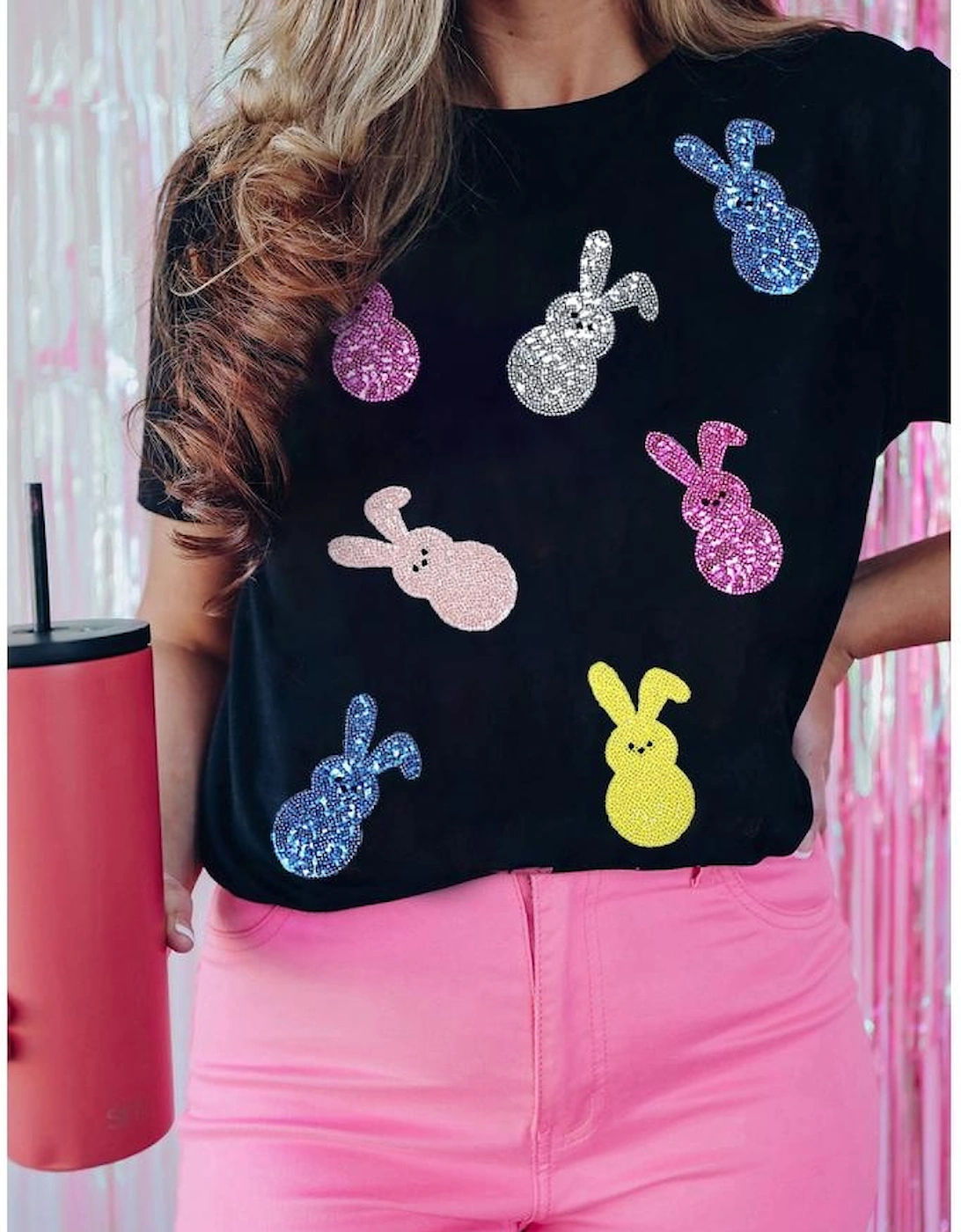 Black Sequin Bunny Doll Graphic Easter Day T Shirt