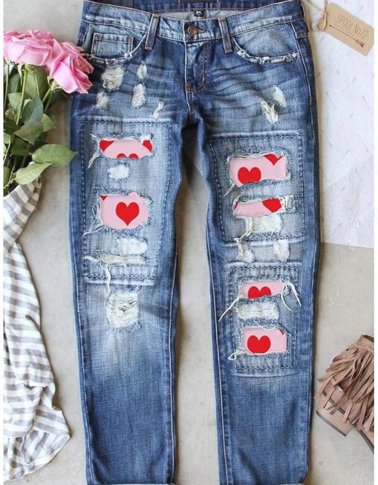 Sky Blue Valentines Day Heart Patchwork Distressed Jeans