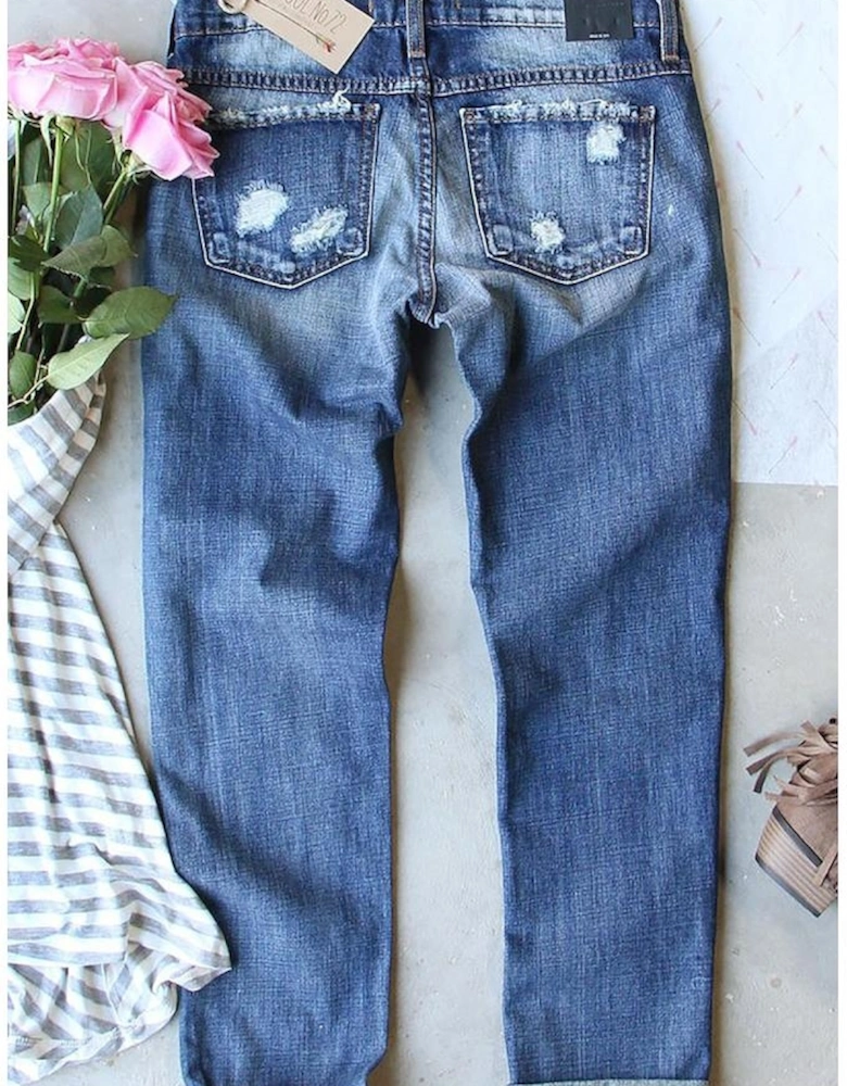 Sky Blue Valentines Day Heart Patchwork Distressed Jeans