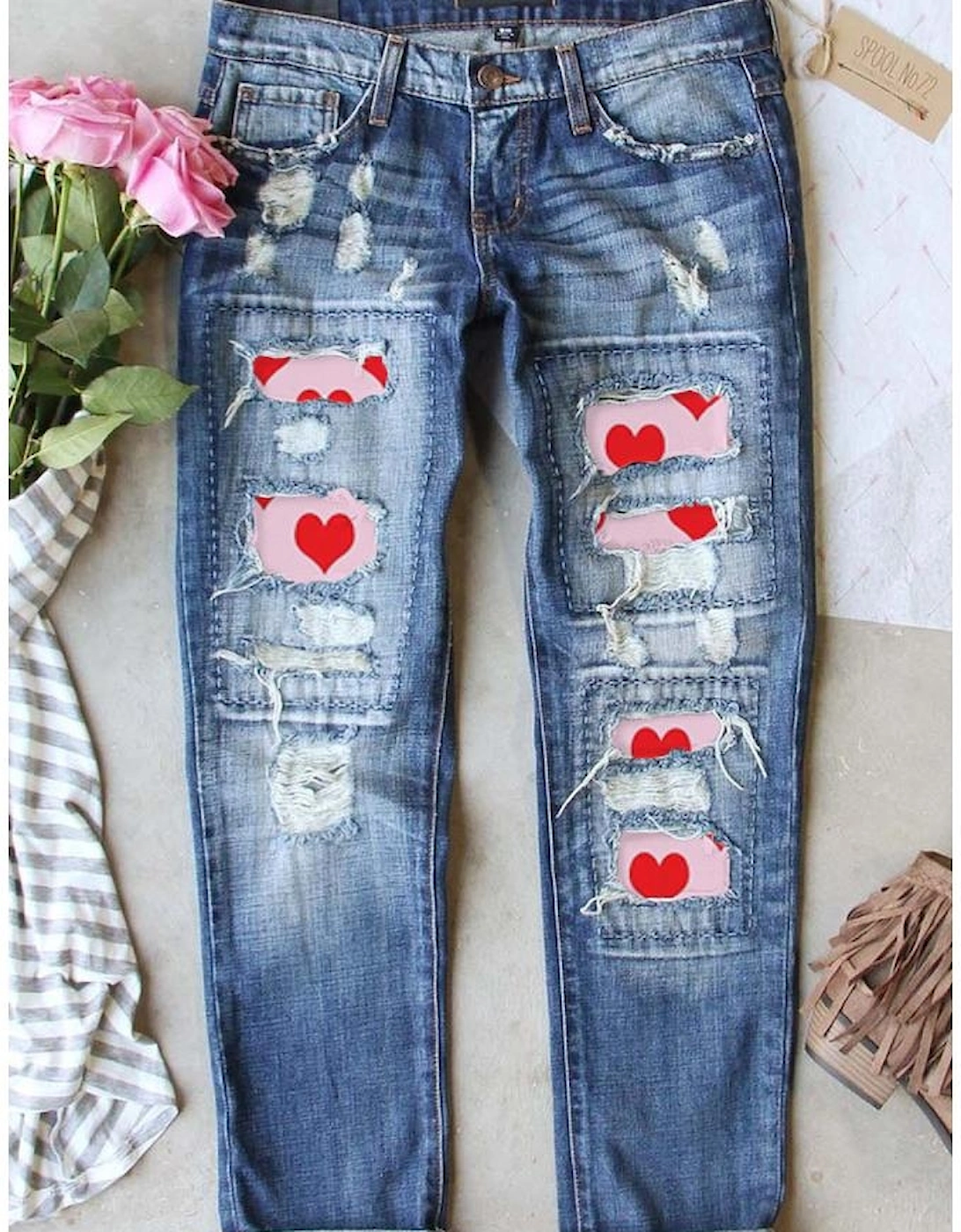 Sky Blue Valentines Day Heart Patchwork Distressed Jeans, 4 of 3
