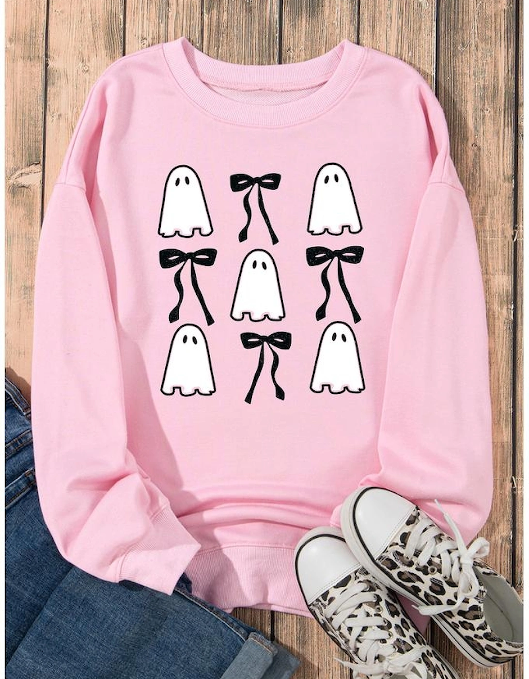 Pink Ghost Bowknot Printed Drop Shoulder Halloween Sweatshirt, 12 of 11