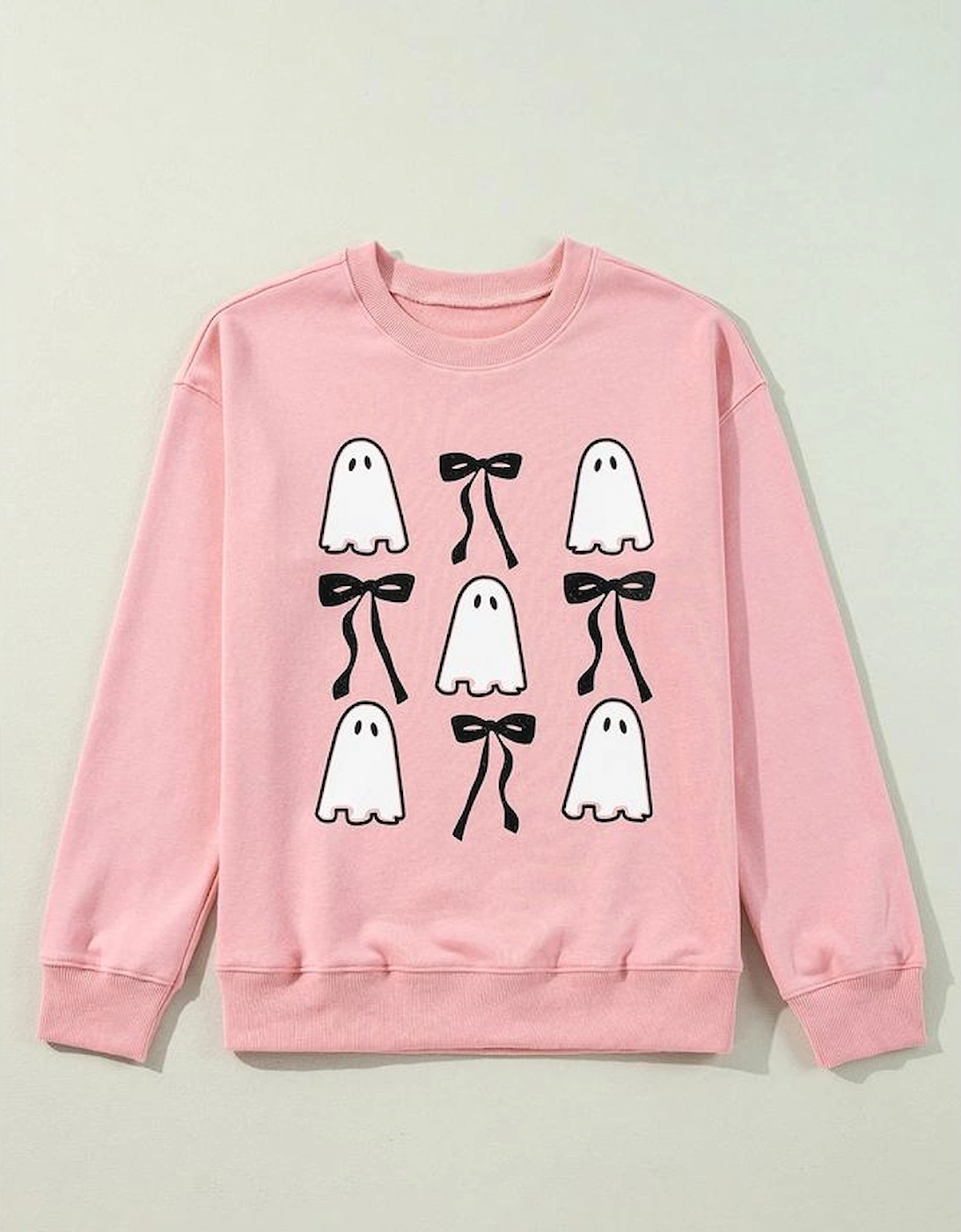 Pink Ghost Bowknot Printed Drop Shoulder Halloween Sweatshirt