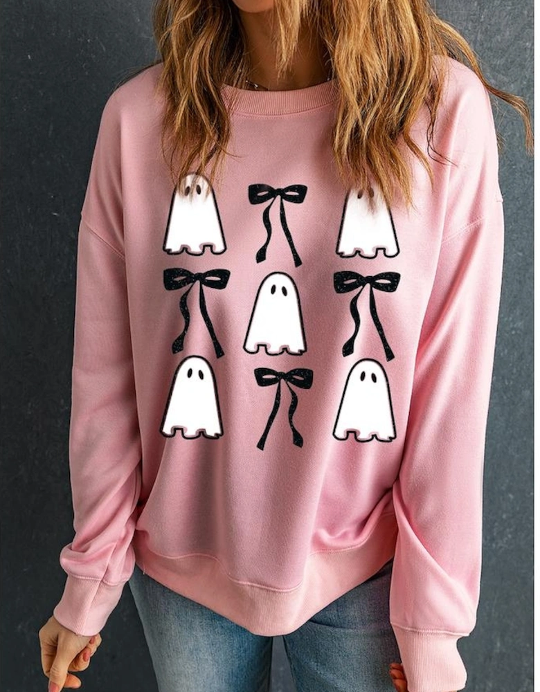 Pink Ghost Bowknot Printed Drop Shoulder Halloween Sweatshirt