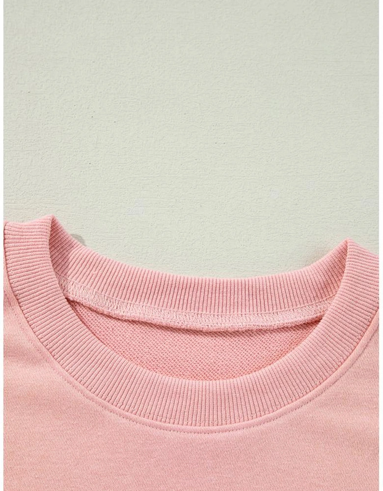 Pink Ghost Bowknot Printed Drop Shoulder Halloween Sweatshirt