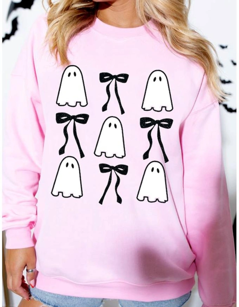 Pink Ghost Bowknot Printed Drop Shoulder Halloween Sweatshirt
