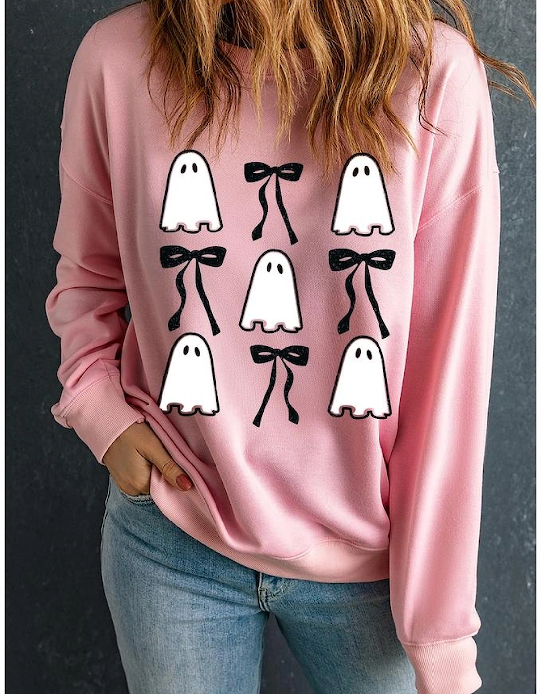 Pink Ghost Bowknot Printed Drop Shoulder Halloween Sweatshirt