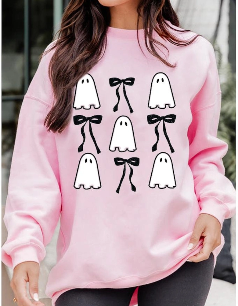 Pink Ghost Bowknot Printed Drop Shoulder Halloween Sweatshirt