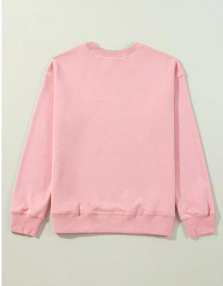 Pink Ghost Bowknot Printed Drop Shoulder Halloween Sweatshirt