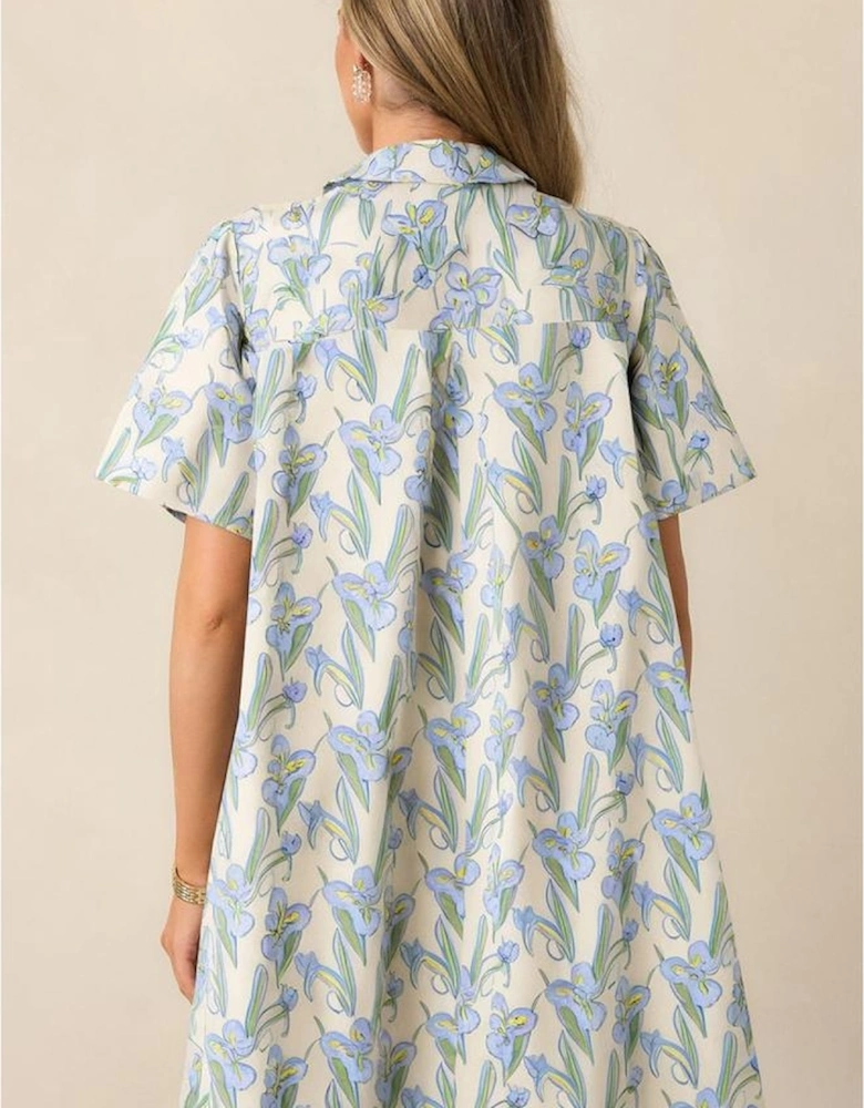Green Floral Print Shirtcollar Buttoned Short Sleeve Shift Dress
