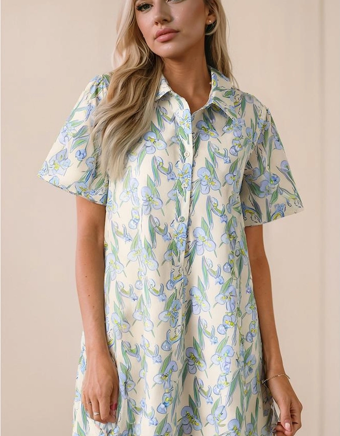 Green Floral Print Shirtcollar Buttoned Short Sleeve Shift Dress