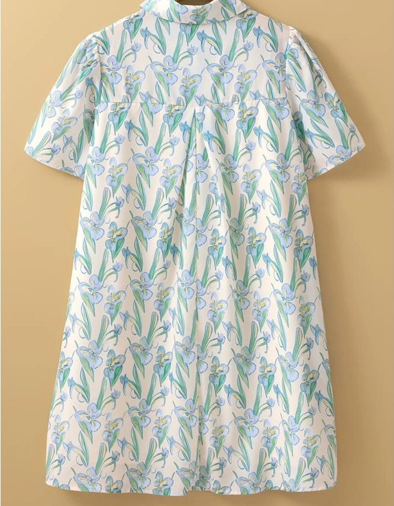 Green Floral Print Shirtcollar Buttoned Short Sleeve Shift Dress