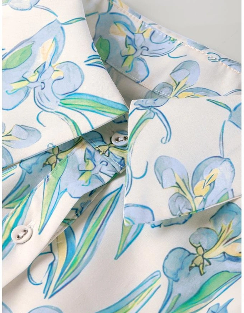 Green Floral Print Shirtcollar Buttoned Short Sleeve Shift Dress