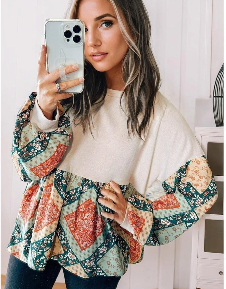 Jet Stream Paisley Geometric Patchwork Crew Neck Loose Fit Top