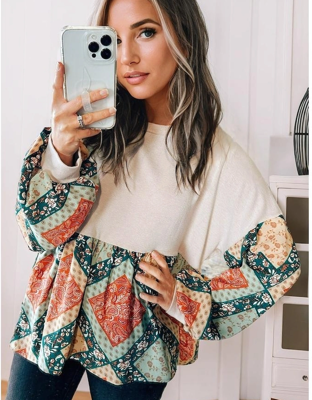 Jet Stream Paisley Geometric Patchwork Crew Neck Loose Fit Top