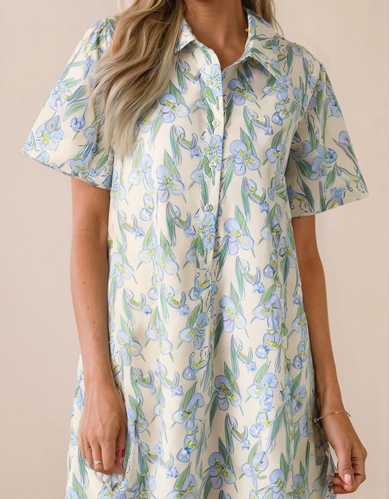 Green Floral Print Shirtcollar Buttoned Short Sleeve Shift Dress