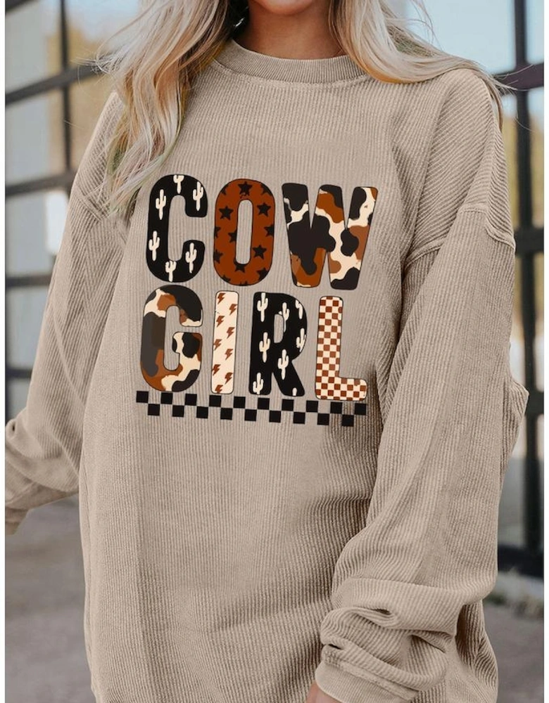 Smoke Gray Western Cowgirl Graphic Corduroy Baggy Sweatshirt