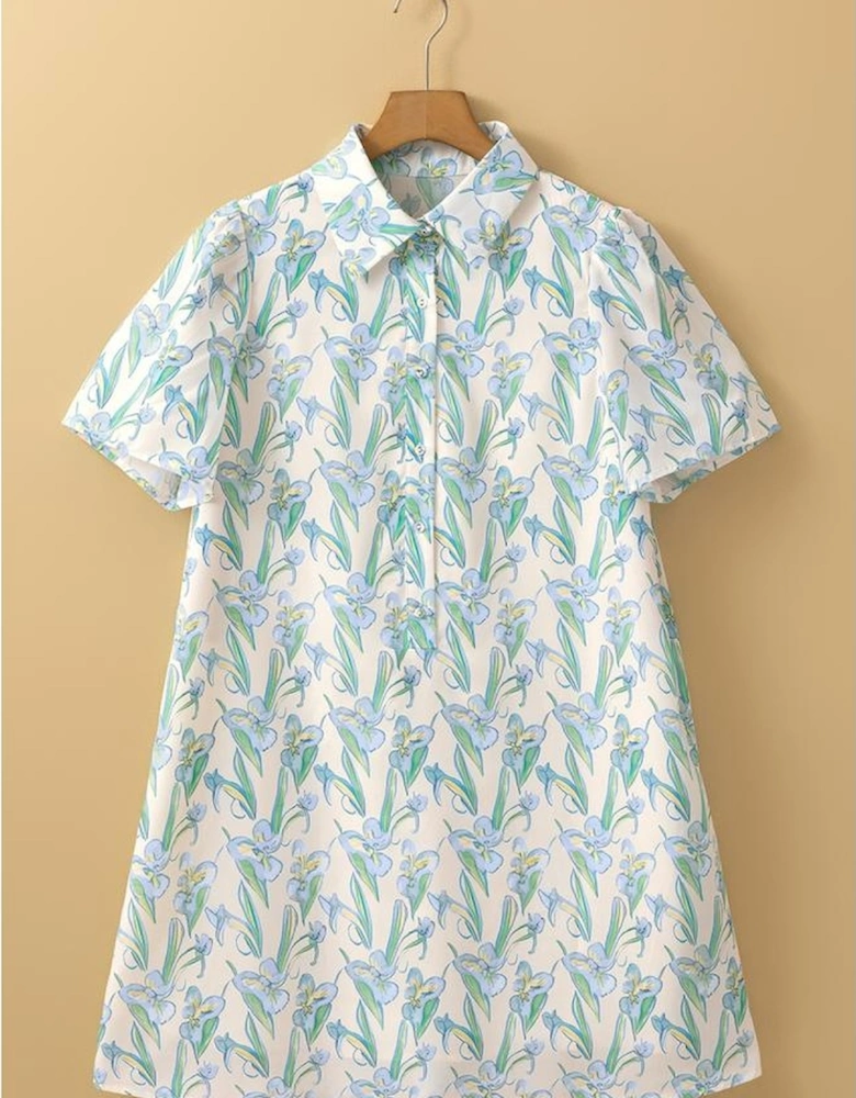 Green Floral Print Shirtcollar Buttoned Short Sleeve Shift Dress