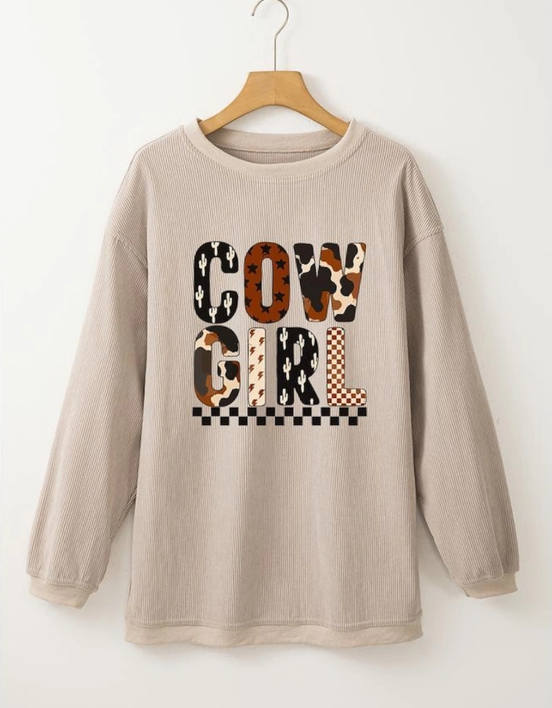 Smoke Gray Western Cowgirl Graphic Corduroy Baggy Sweatshirt