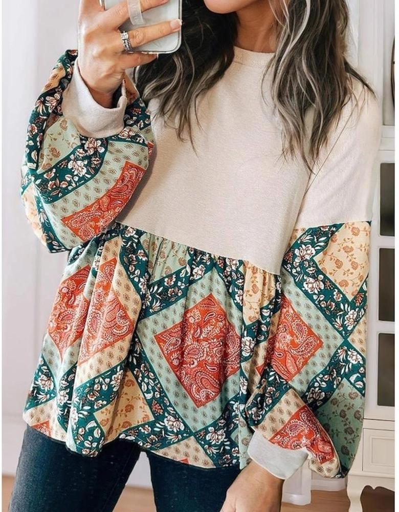 Jet Stream Paisley Geometric Patchwork Crew Neck Loose Fit Top