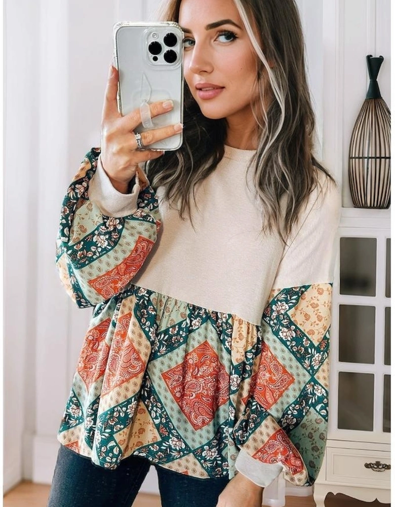 Jet Stream Paisley Geometric Patchwork Crew Neck Loose Fit Top