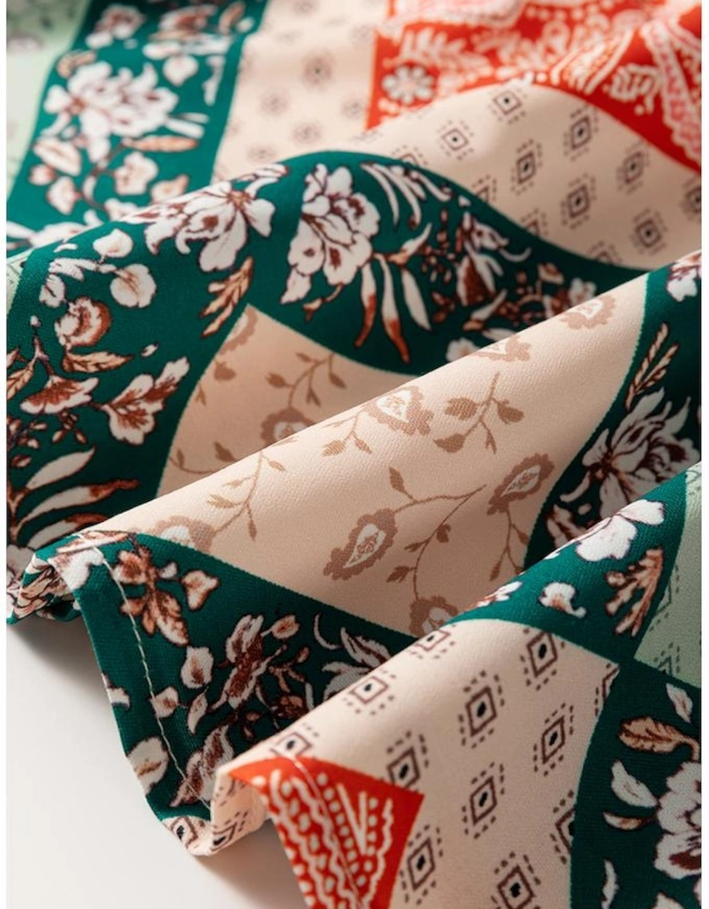 Jet Stream Paisley Geometric Patchwork Crew Neck Loose Fit Top