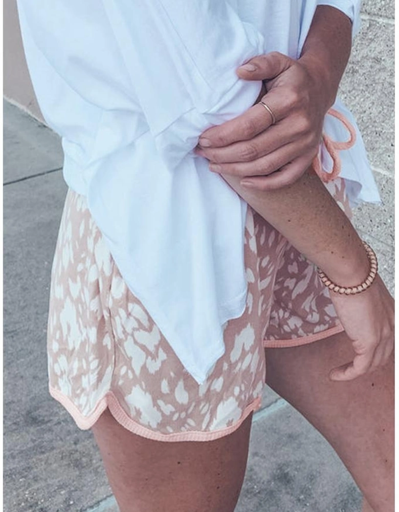 Khaki Classic Leopard Arched Hem Elastic Waist Casual Shorts