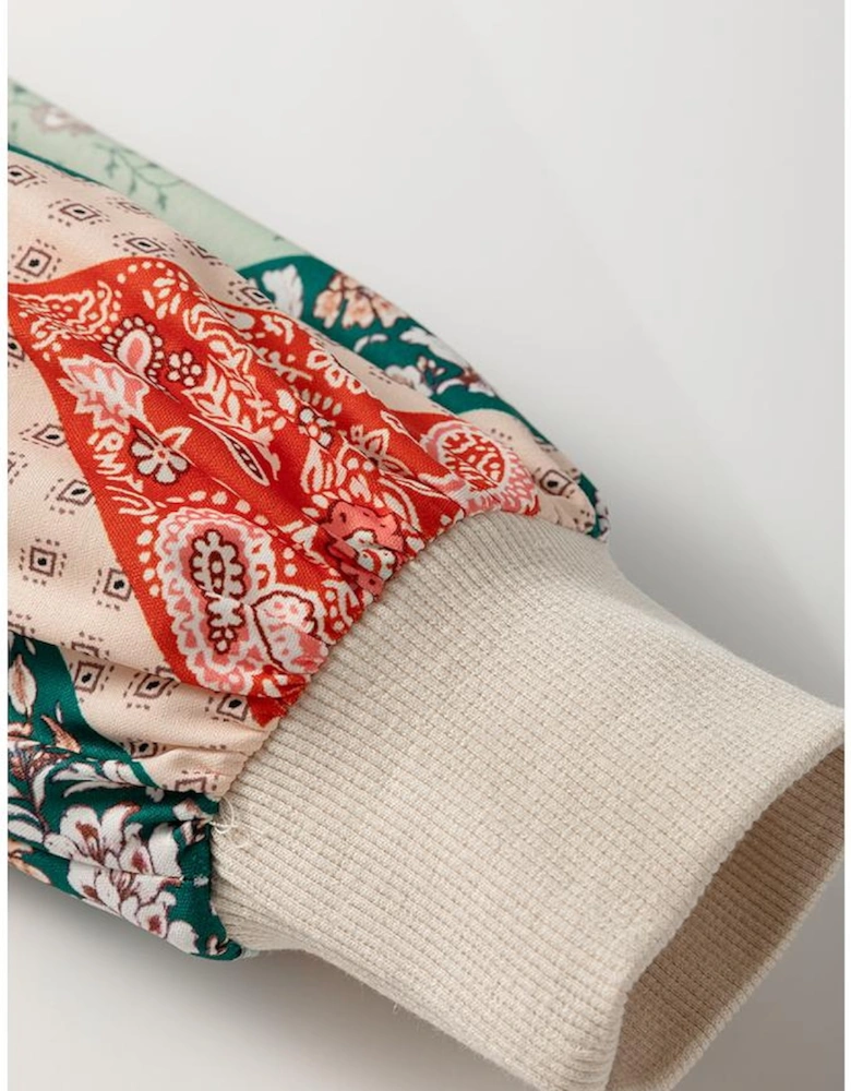 Jet Stream Paisley Geometric Patchwork Crew Neck Loose Fit Top