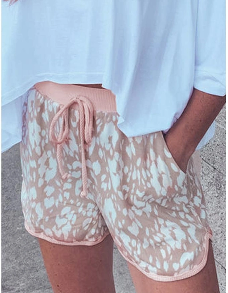 Khaki Classic Leopard Arched Hem Elastic Waist Casual Shorts