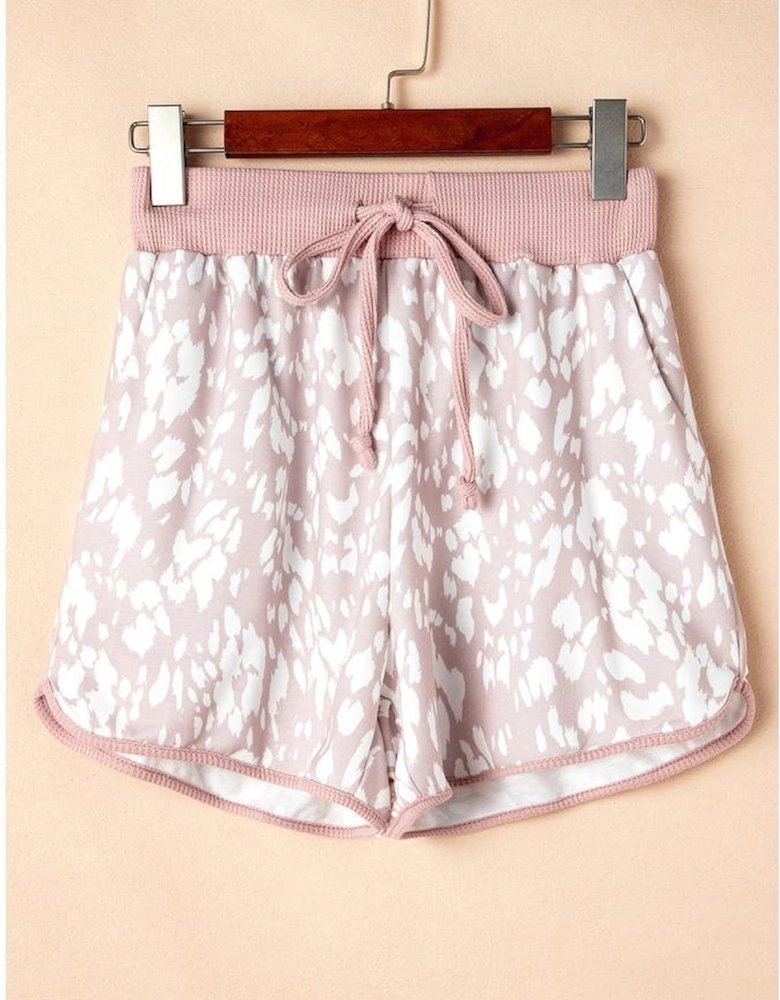 Khaki Classic Leopard Arched Hem Elastic Waist Casual Shorts