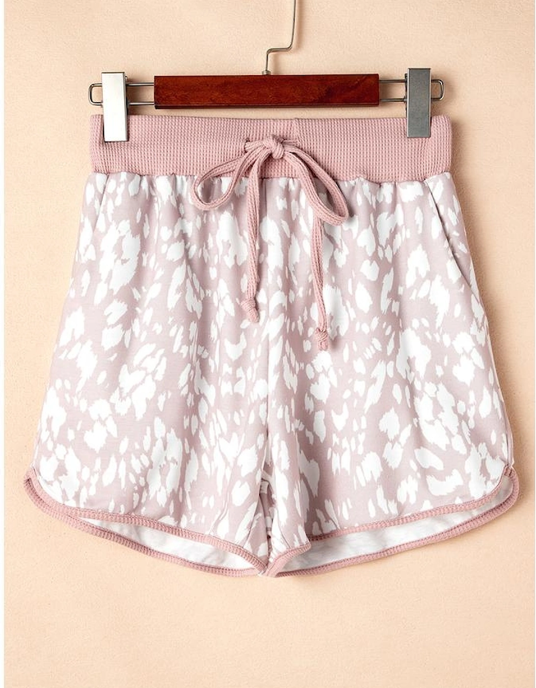 Khaki Classic Leopard Arched Hem Elastic Waist Casual Shorts