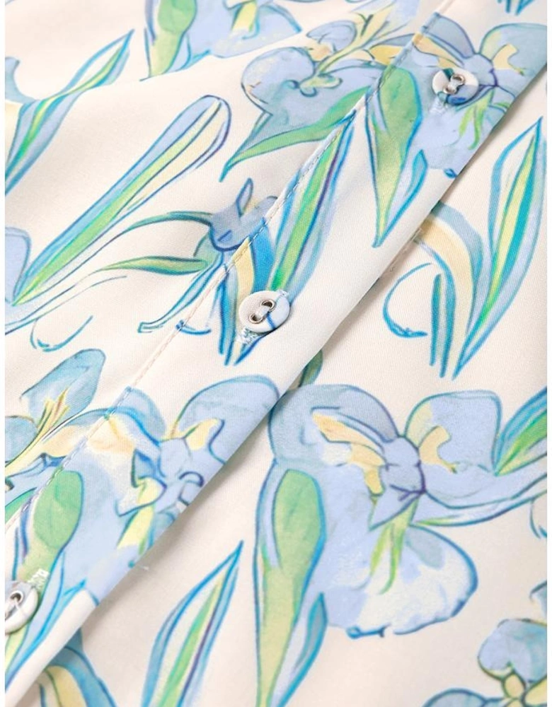 Green Floral Print Shirtcollar Buttoned Short Sleeve Shift Dress