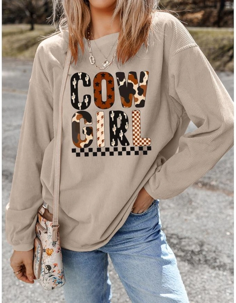 Smoke Gray Western Cowgirl Graphic Corduroy Baggy Sweatshirt