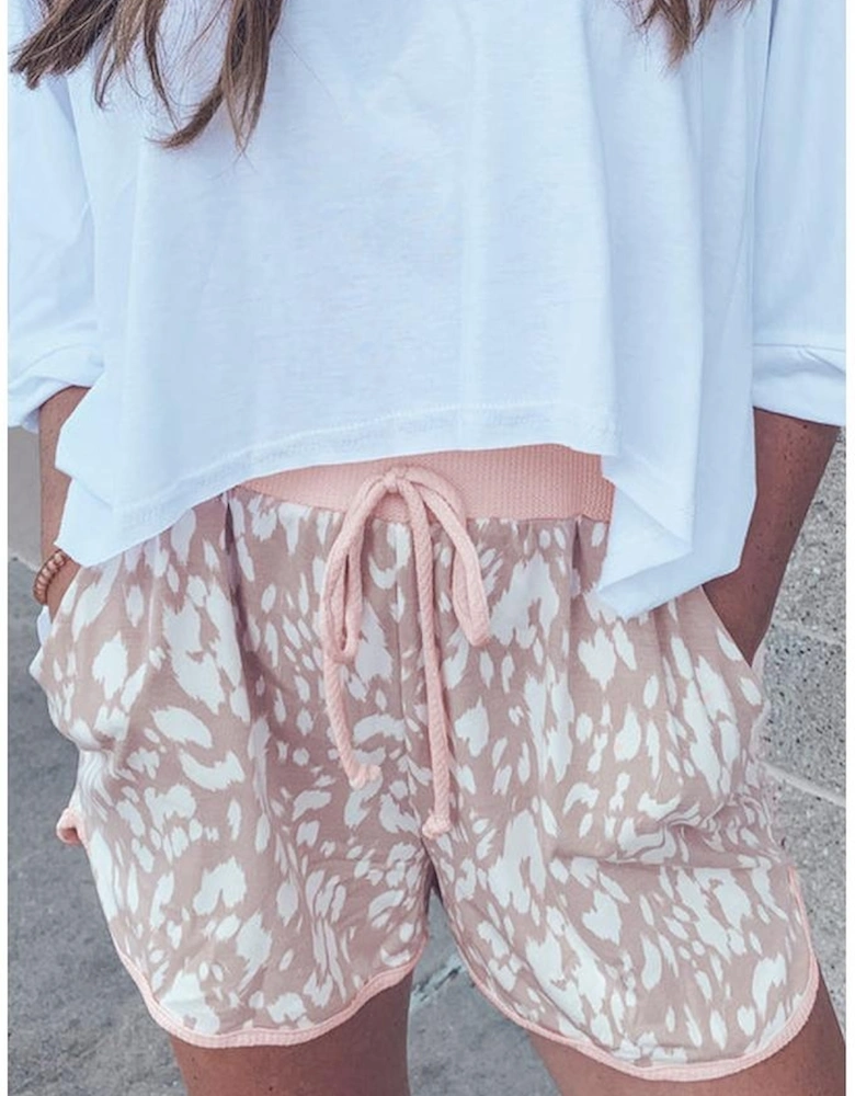 Khaki Classic Leopard Arched Hem Elastic Waist Casual Shorts