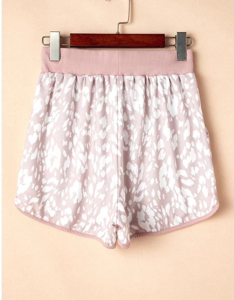 Khaki Classic Leopard Arched Hem Elastic Waist Casual Shorts
