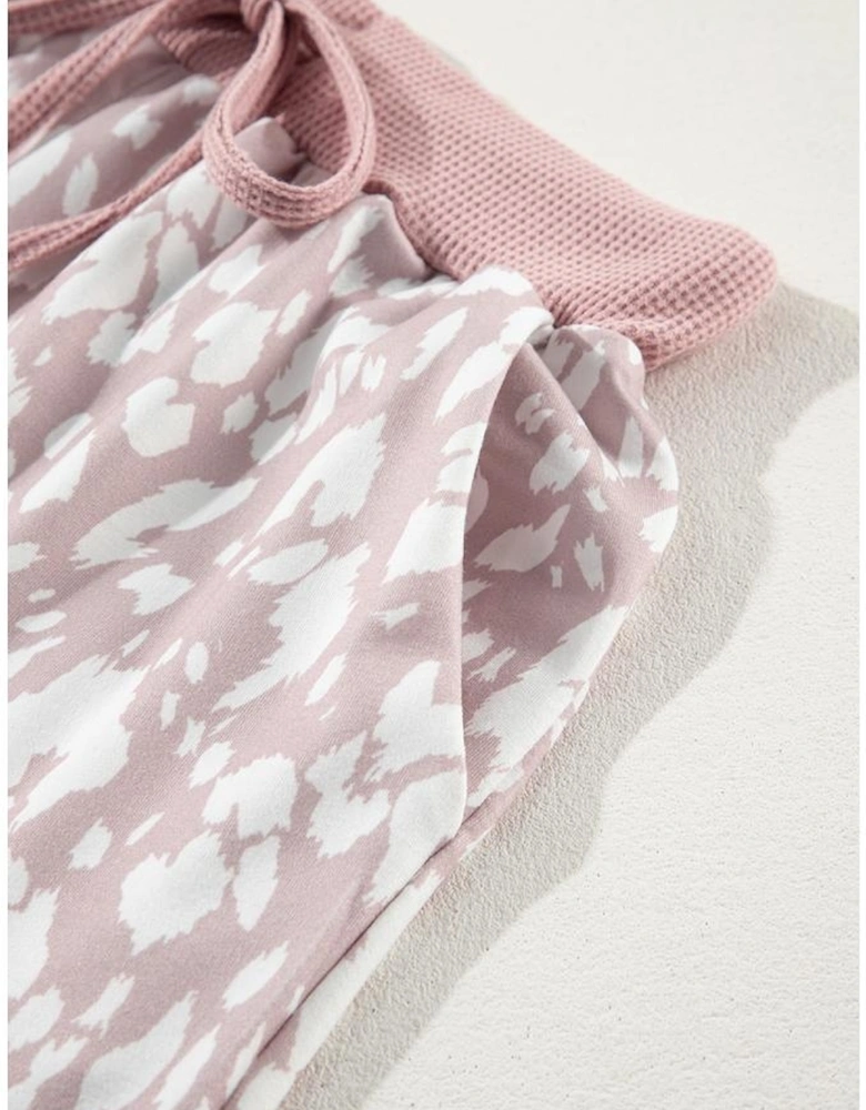 Khaki Classic Leopard Arched Hem Elastic Waist Casual Shorts