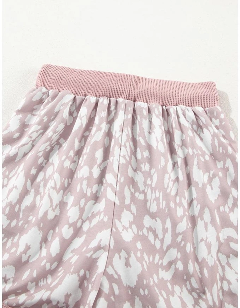 Khaki Classic Leopard Arched Hem Elastic Waist Casual Shorts