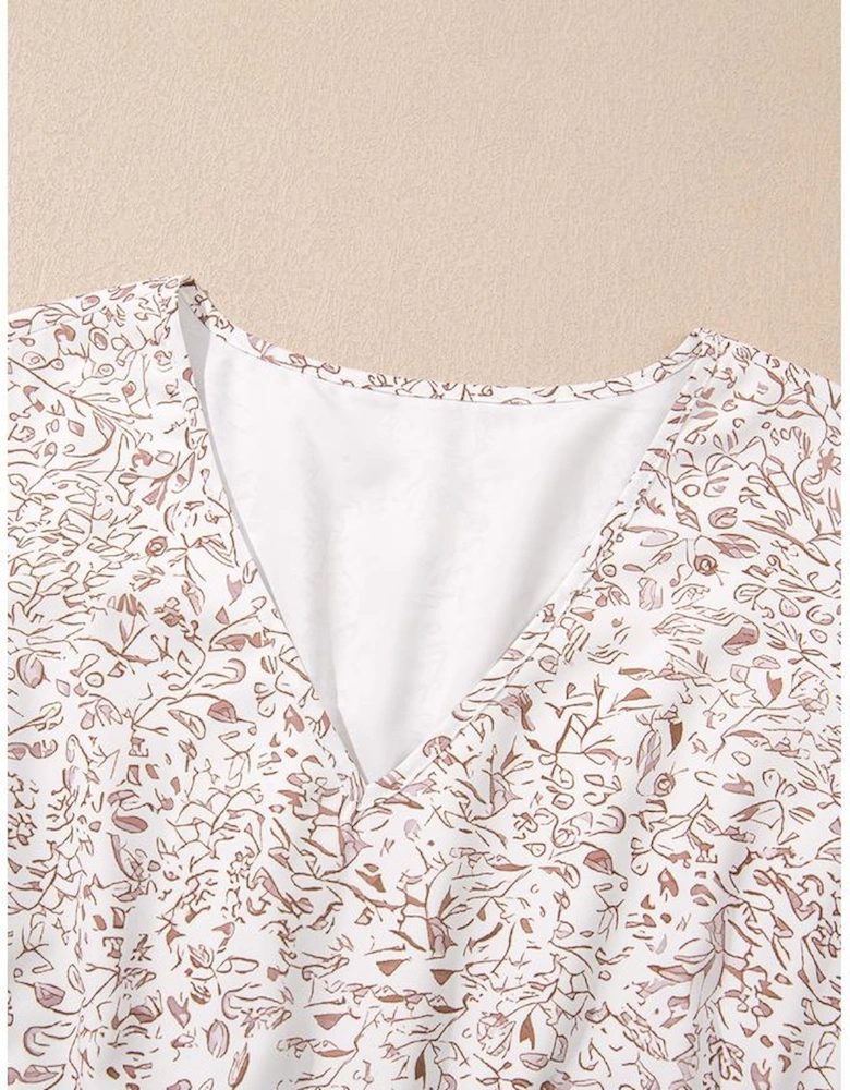 White Floral V Neck Ruffled Short Sleeve Plus Size Dress