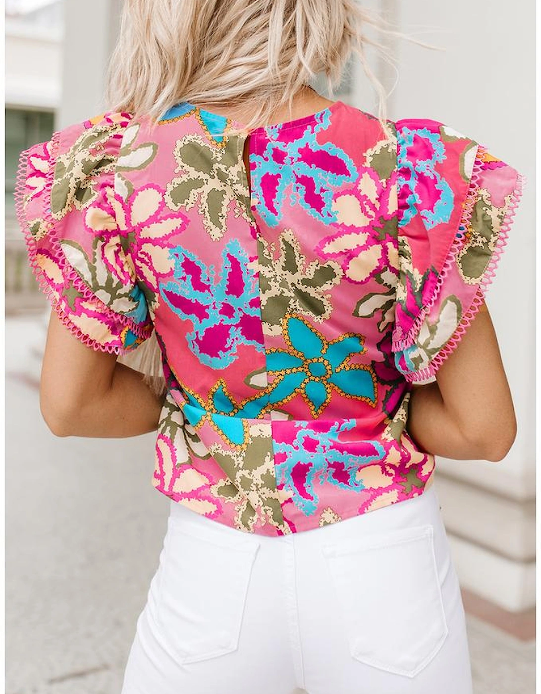 Multicolor Vibrant Floral Print Trimmed Ruffle Sleeve Blouse
