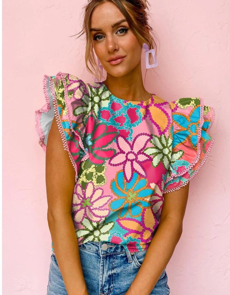 Multicolor Vibrant Floral Print Trimmed Ruffle Sleeve Blouse