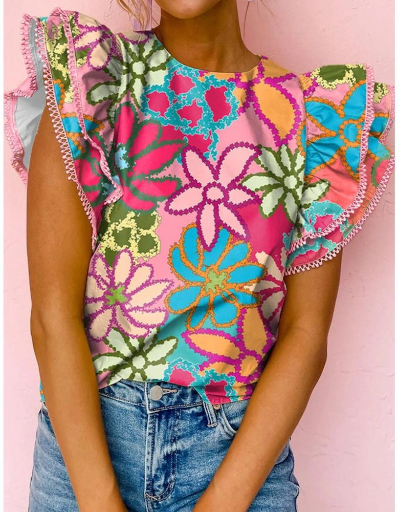 Multicolor Vibrant Floral Print Trimmed Ruffle Sleeve Blouse
