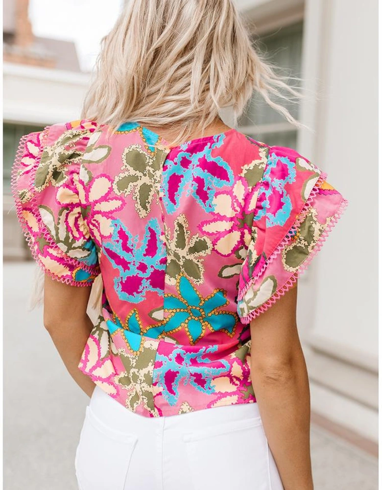 Multicolor Vibrant Floral Print Trimmed Ruffle Sleeve Blouse