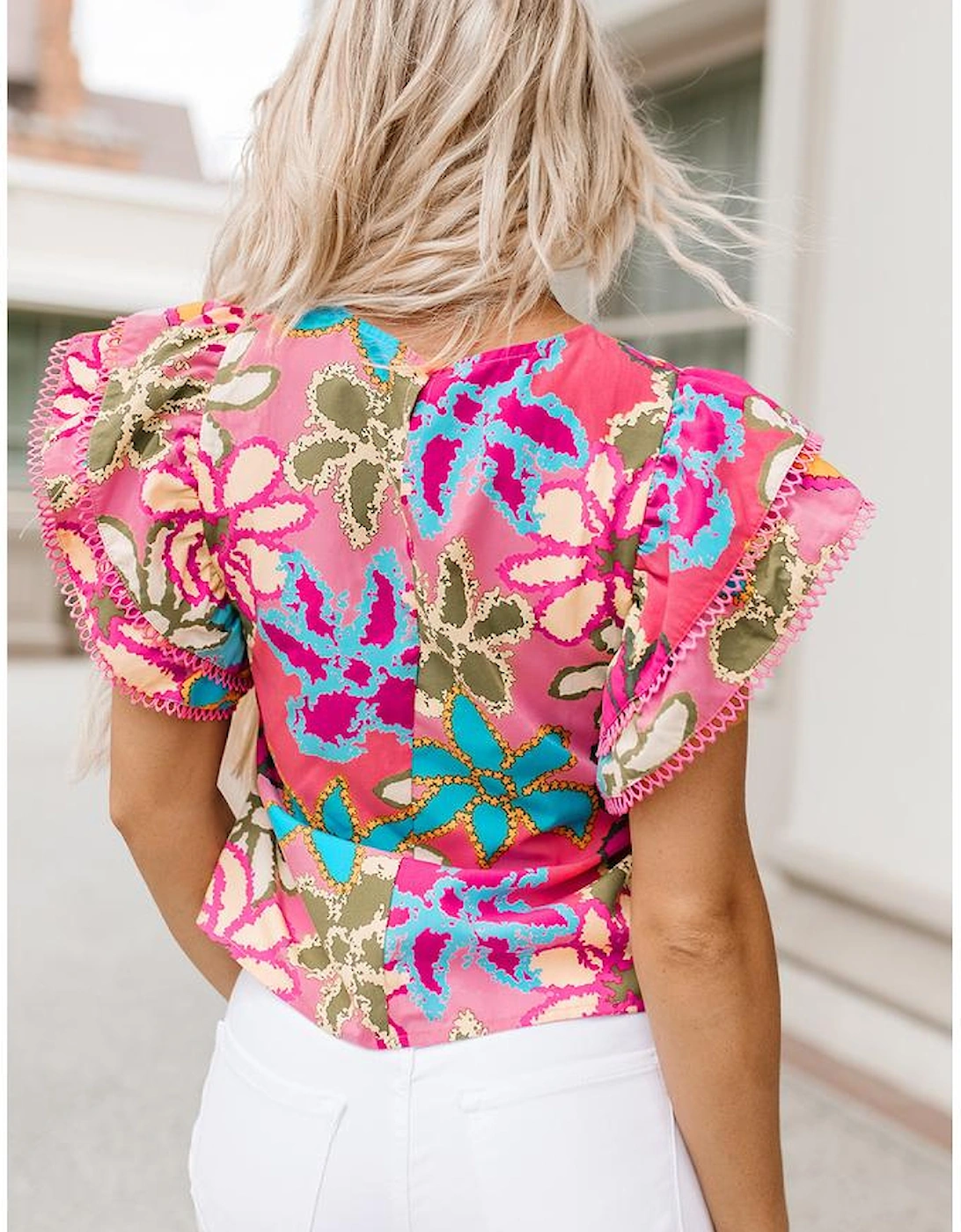 Multicolor Vibrant Floral Print Trimmed Ruffle Sleeve Blouse