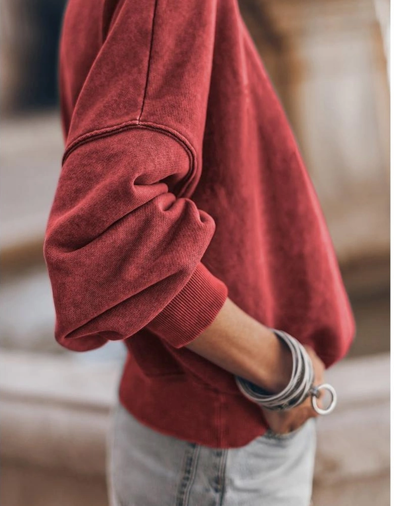 Red Dahlia Drop Shoulder Crew Neck Pullover Sweatshirt